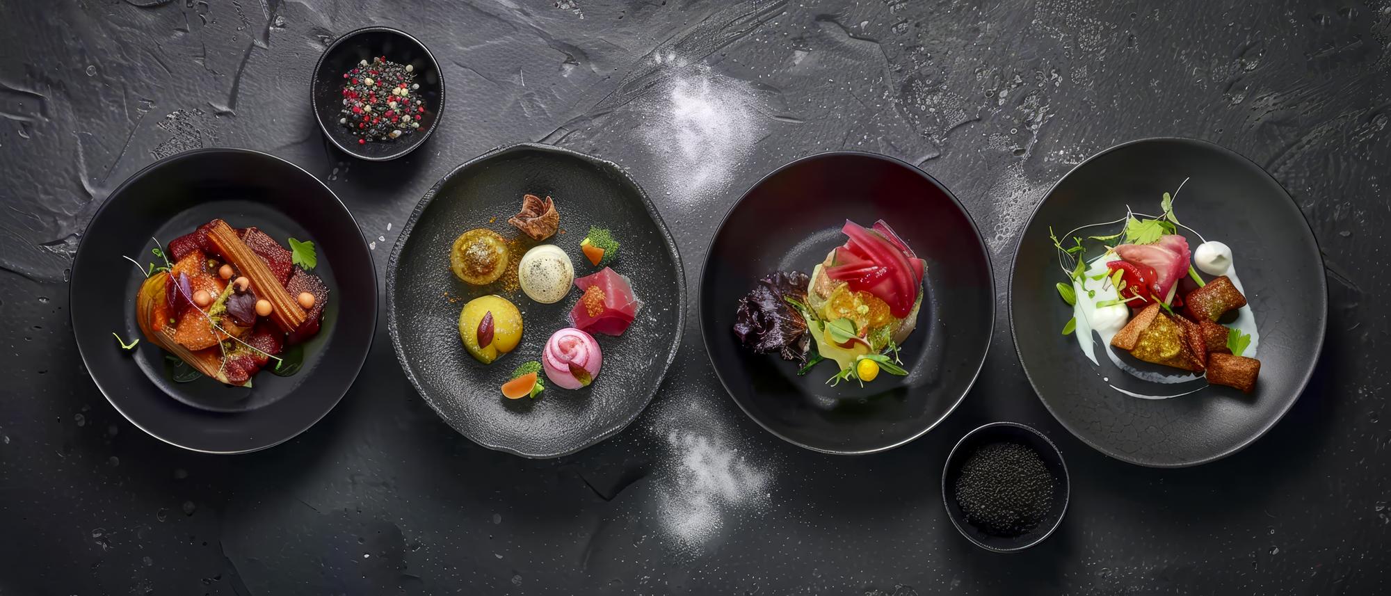 Set of plated dishes on table